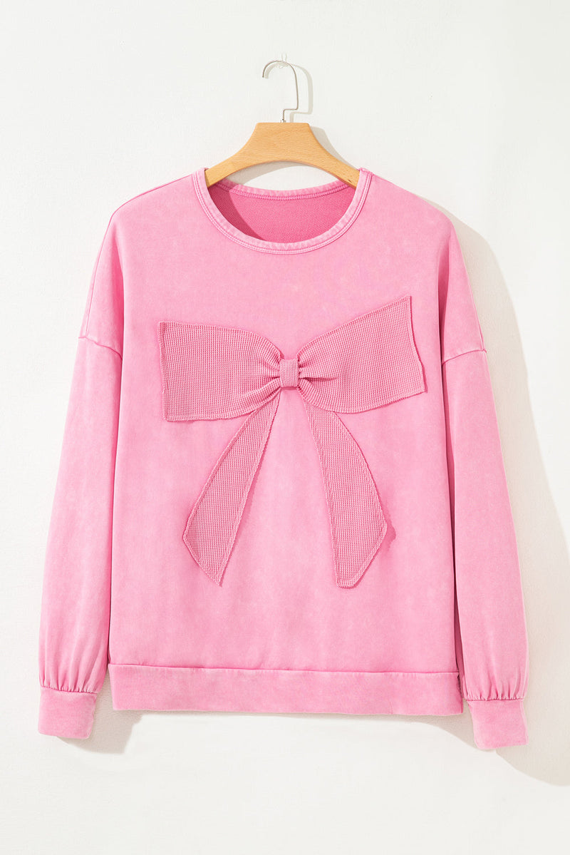 Bonbon Waffle Bowknot Patchwork Graphic Mineral Wash Plus Size Sweatshirt