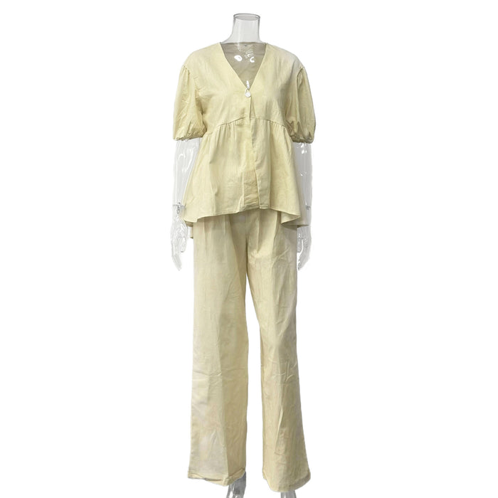 Women's Summer Casual Outfit Set - Soft Cotton V-Neck Top & Flared Short Sleeve With High-Waisted Pants Two-Piece Comfy Lounge Wear