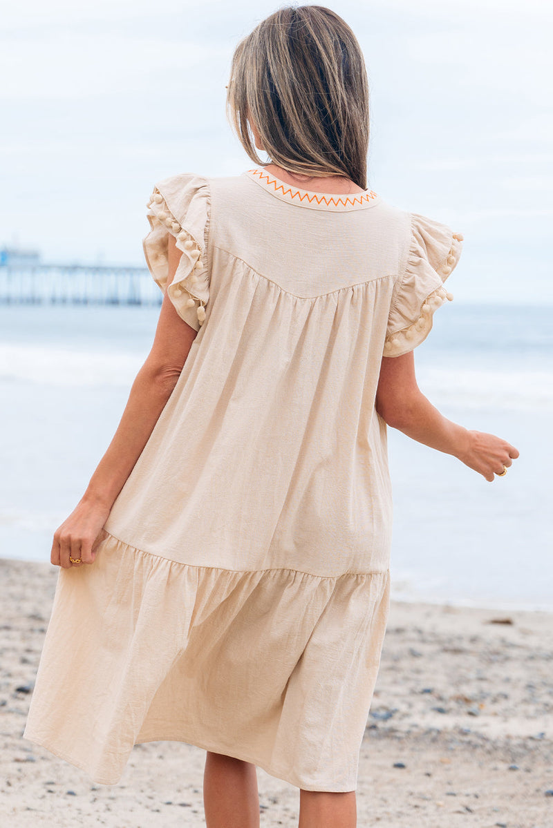 Meredith Embroidery Split Neck Short Dress