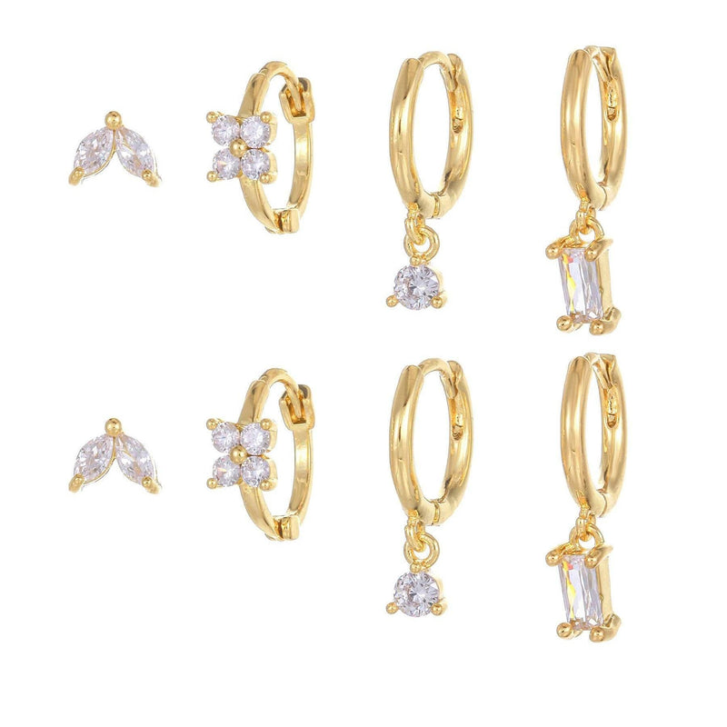 Stacking 4 Pieces Geometric Zircon Stud Earring Set, 18k Gold Plated Ear Studs and Drops, Trendy Sweet Cool Earrings, S925 Needle, Stacked Lobe Designs with Dazzling Zirconia