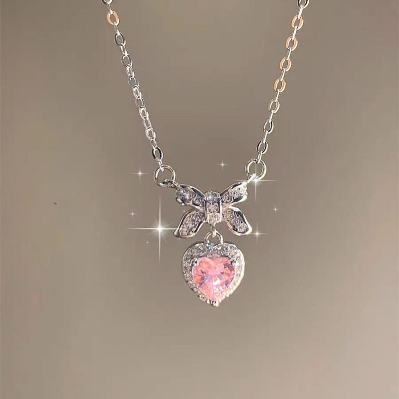 Pink Heart Zircon Bow Pendant Necklaces