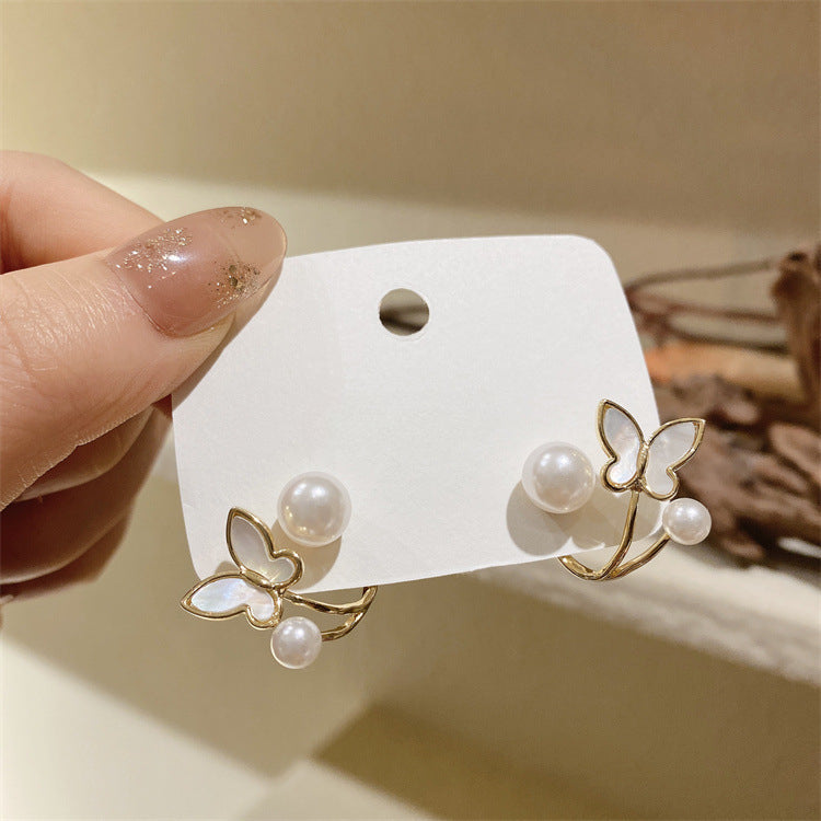 White Enamel Butterfly Pearl Earrings