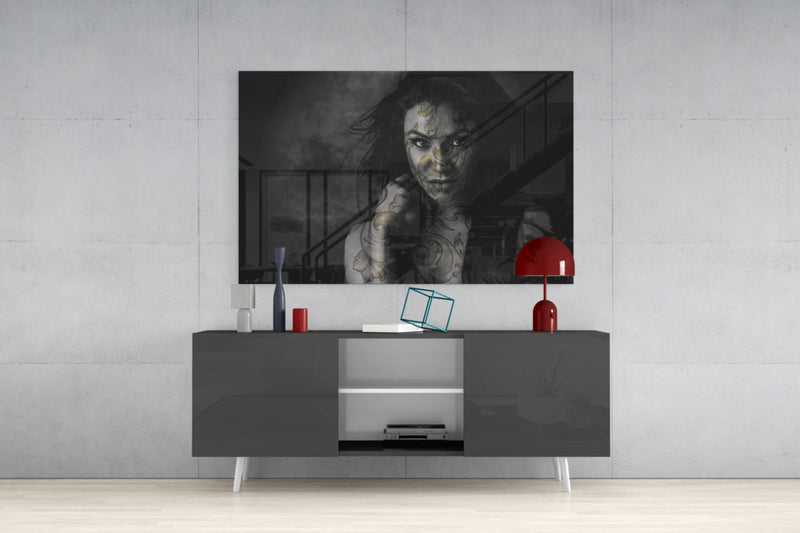 Tattooed Woman Glass Wall Art