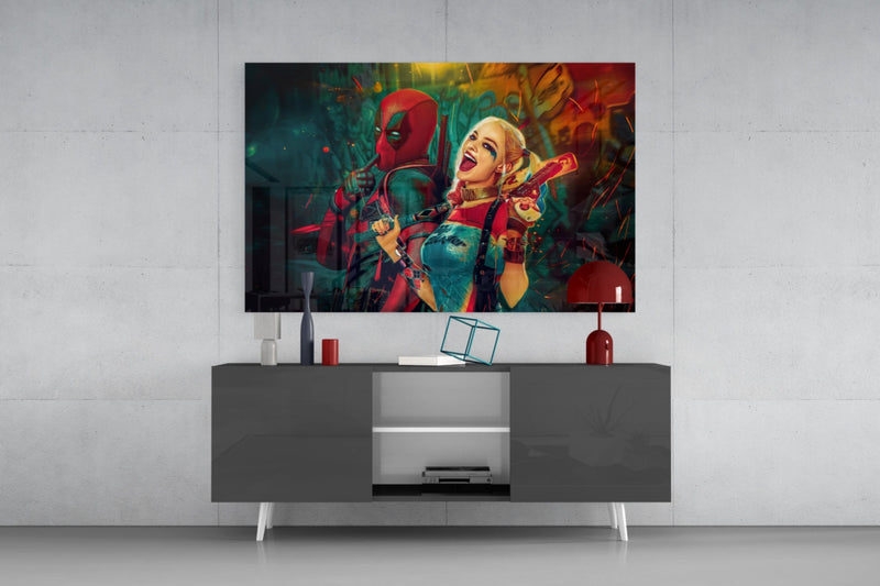 Harley Quinn and Deadpool Glass Art