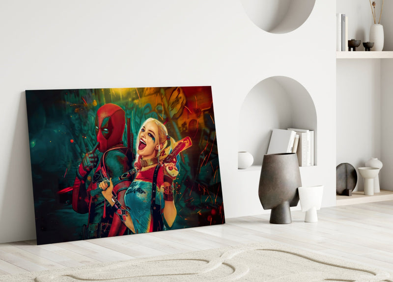 Harley Quinn and Deadpool Glass Art
