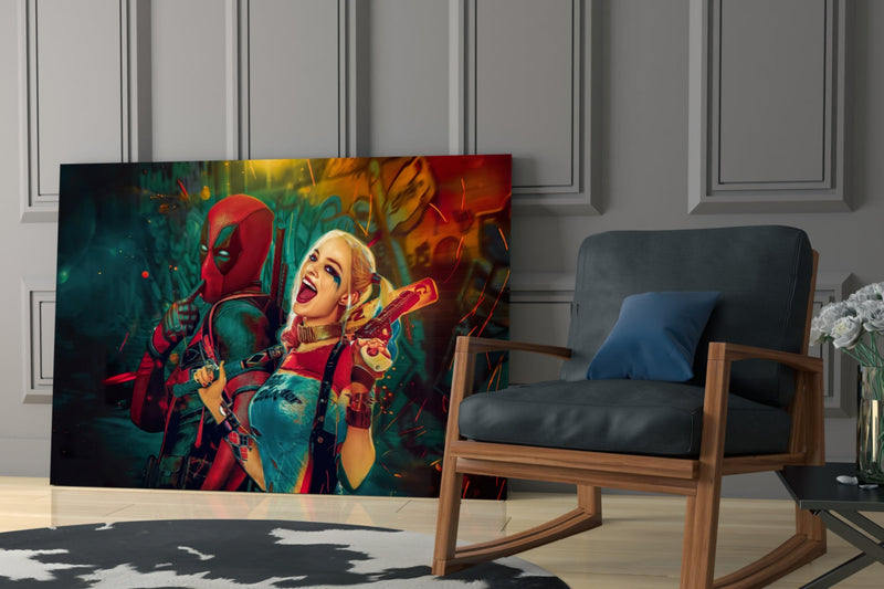Harley Quinn and Deadpool Glass Art