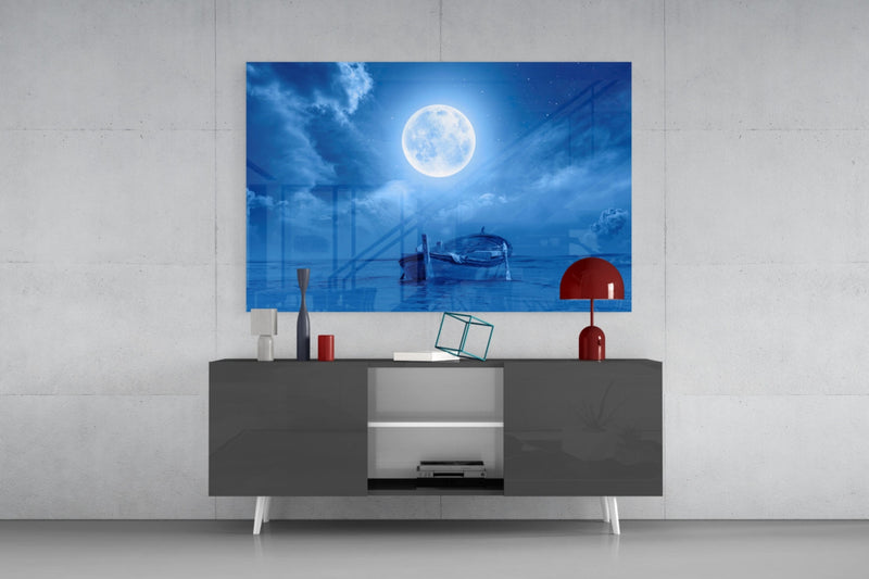Moon and Boat Glass Wall Art