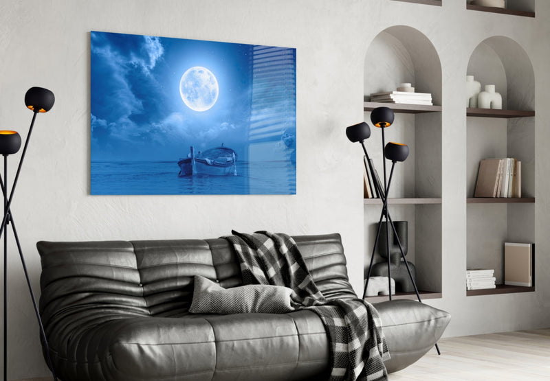 Moon and Boat Glass Wall Art