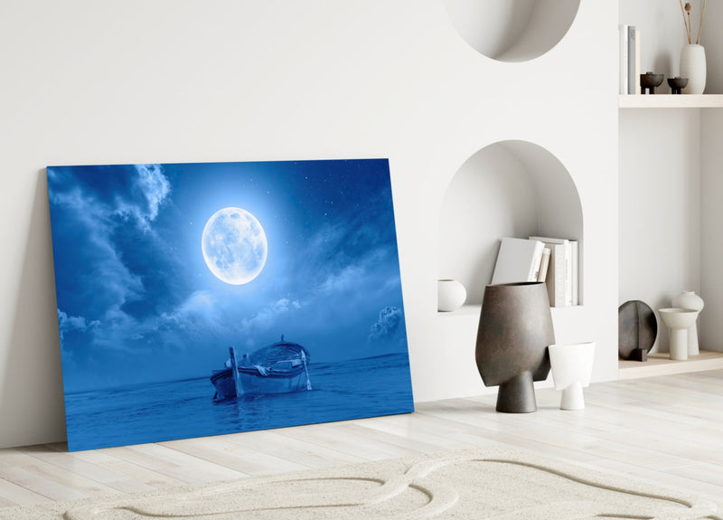 Moon and Boat Glass Wall Art