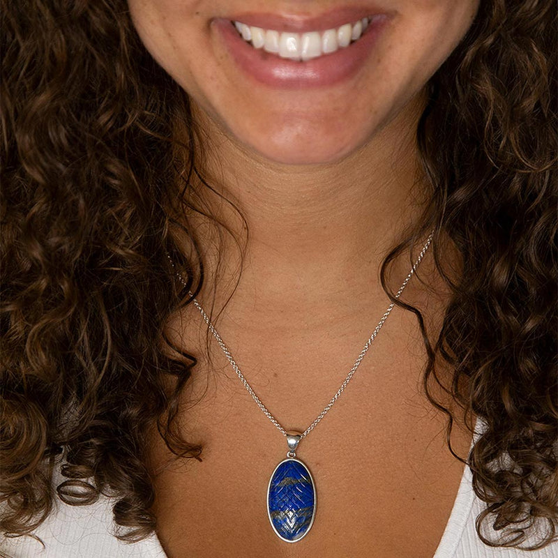 Carved Blue Lapis Sterling Silver Pendant Necklace