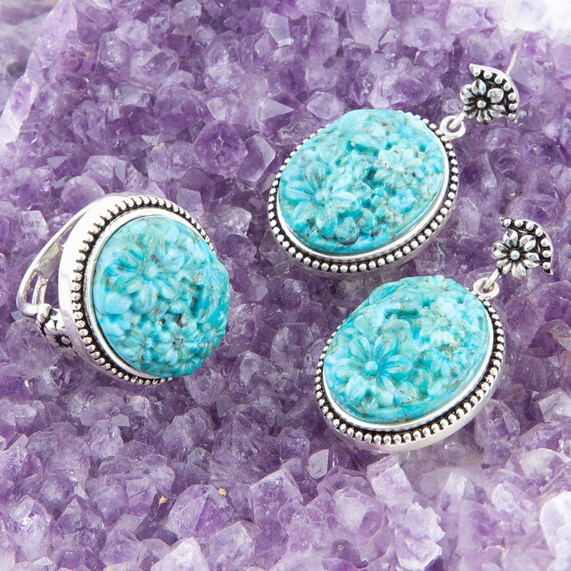 Carved Blue Turquoise Sterling Silver Drop Earrings