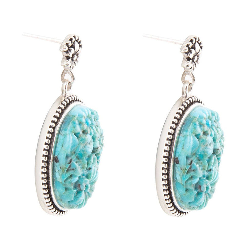 Carved Blue Turquoise Sterling Silver Drop Earrings