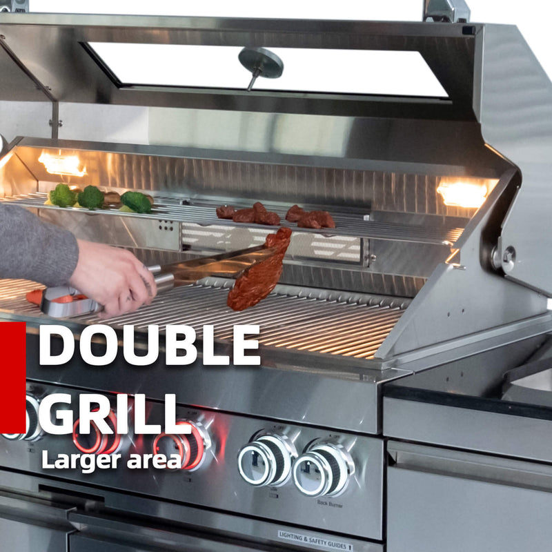 Castelle Flame Aurelia 46-Inch 4-Burner 72K BTU Stainless Steel Outdoor BBQ Kitchen Grill Island With 46-Inch 4-Burner 85K BTU Grill, Rotisserie Kit, And Cabinets (SAK93192)