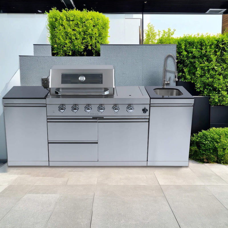 Castelle Flame Aurelia 46-Inch 4-Burner 72K BTU Stainless Steel Outdoor BBQ Kitchen Grill Island With 46-Inch 4-Burner 85K BTU Grill, Rotisserie Kit, And Cabinets (SAK93192)