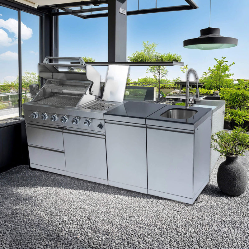 Castelle Flame Aurelia 46-Inch 4-Burner 72K BTU Stainless Steel Outdoor BBQ Kitchen Grill Island With 46-Inch 4-Burner 85K BTU Grill, Rotisserie Kit, And Cabinets (SAK93192)