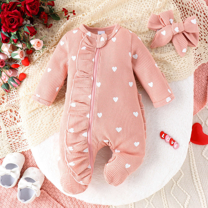 Heart-print Footed Zip-up Onesie Headband Set