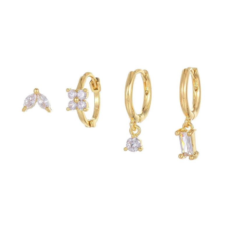 Stacking 4 Pieces Geometric Zircon Stud Earring Set, 18k Gold Plated Ear Studs and Drops, Trendy Sweet Cool Earrings, S925 Needle, Stacked Lobe Designs with Dazzling Zirconia
