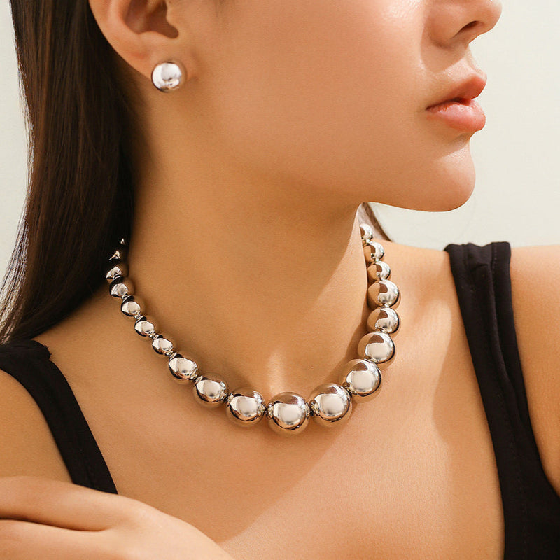 Exaggerated Big Pearl Chunky Heart CCB Round Ball Bead Chain Punk Choker Necklace