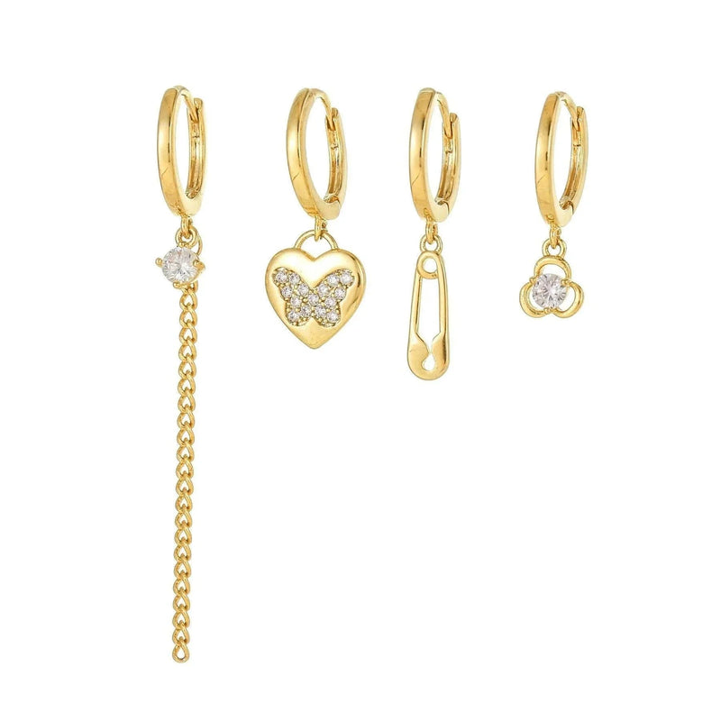 Stacking 4 Pieces Whimsical Charm Links Earring Set, 18k Gold Hoop with Drops, S925 Needle, Stacked Lobe Designs with Dazzling Zirconia