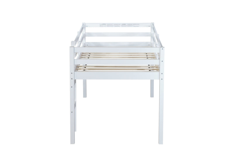 Solid Wooden, Rubber Wooden Twin Loft Bed with Ladder, Bed Platform of Strengthened Slats , White