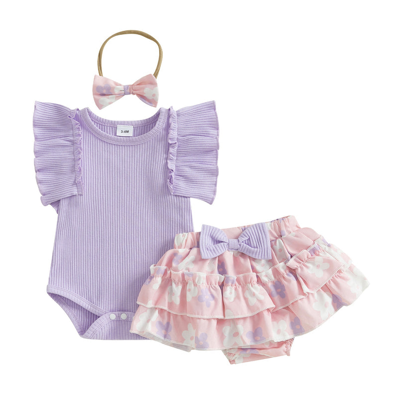 Baby And Toddler Solid Color Ruffle-Shoulder Sleeveless Romper And Printed Skirt Two-Piece Set