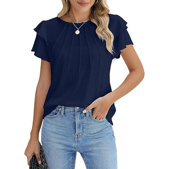 Women's Ruffle Short Sleeve Shirts Dressy Casual Crewneck Tops Trendy Outfits