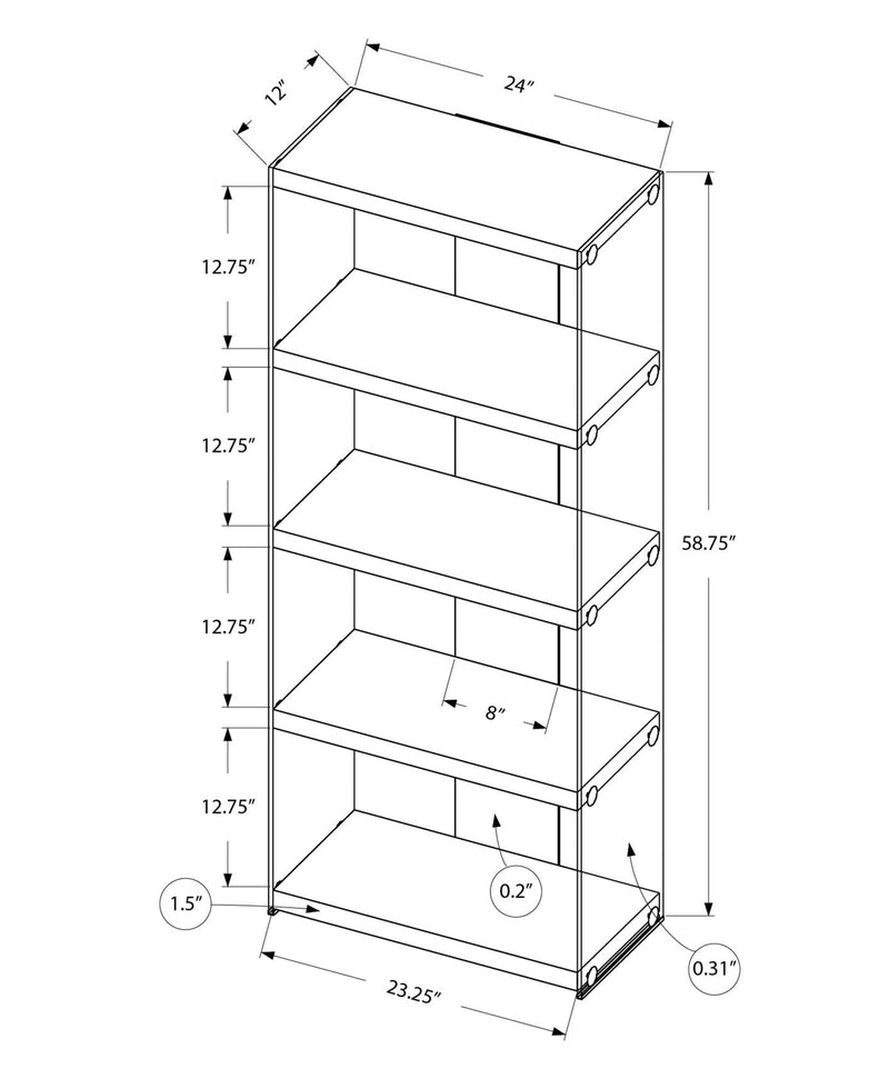 Bookshelf, Bookcase, Etagere, 5 Tier, Glossy Clear Tempered Glass - White