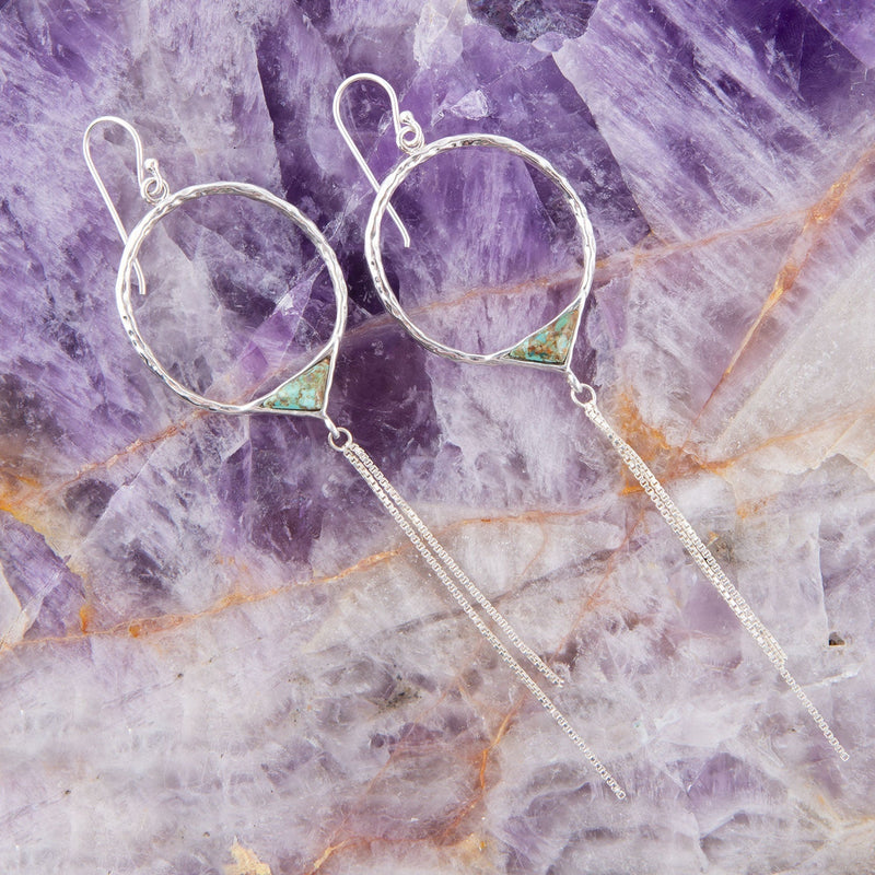 Turquoise and Sterling Silver Chain Fringe Front Hoop