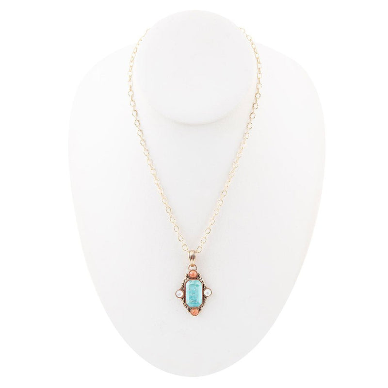 Champs Blue Turquoise and Orange Coral Golden Pendant Necklace