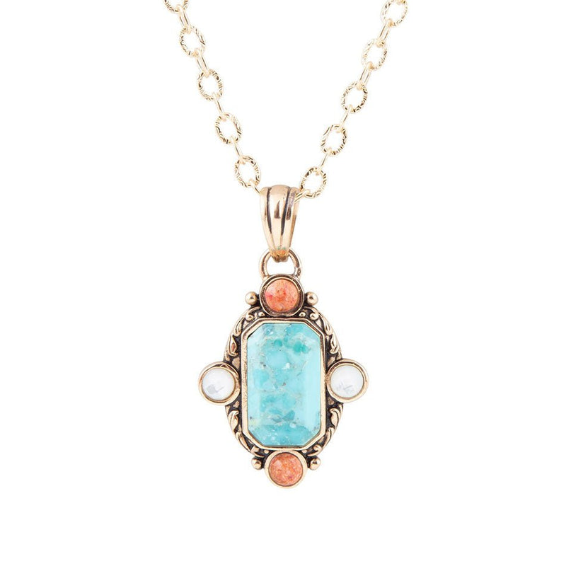 Champs Blue Turquoise and Orange Coral Golden Pendant Necklace