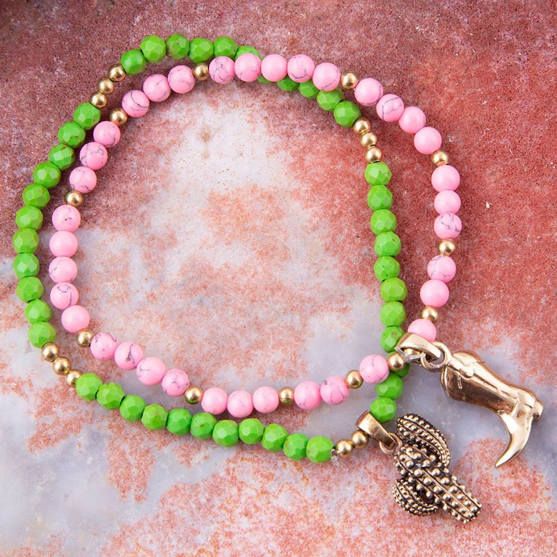 Charmed Cactus and Boot Pink Green Jade Bracelet Set
