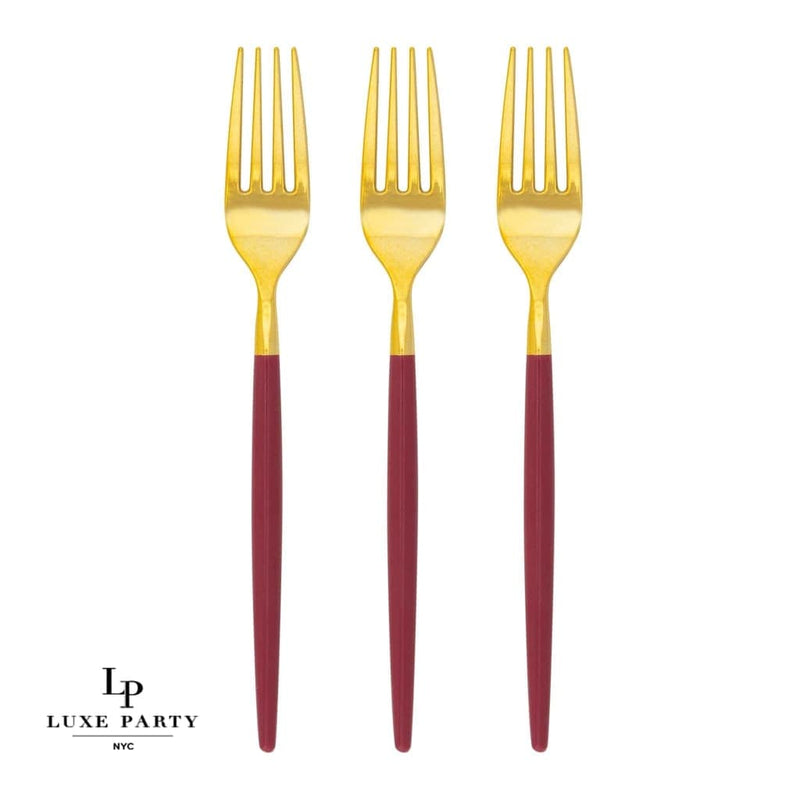 Chic Cranberry Red and Gold Plastic Forks | 32 Pieces
