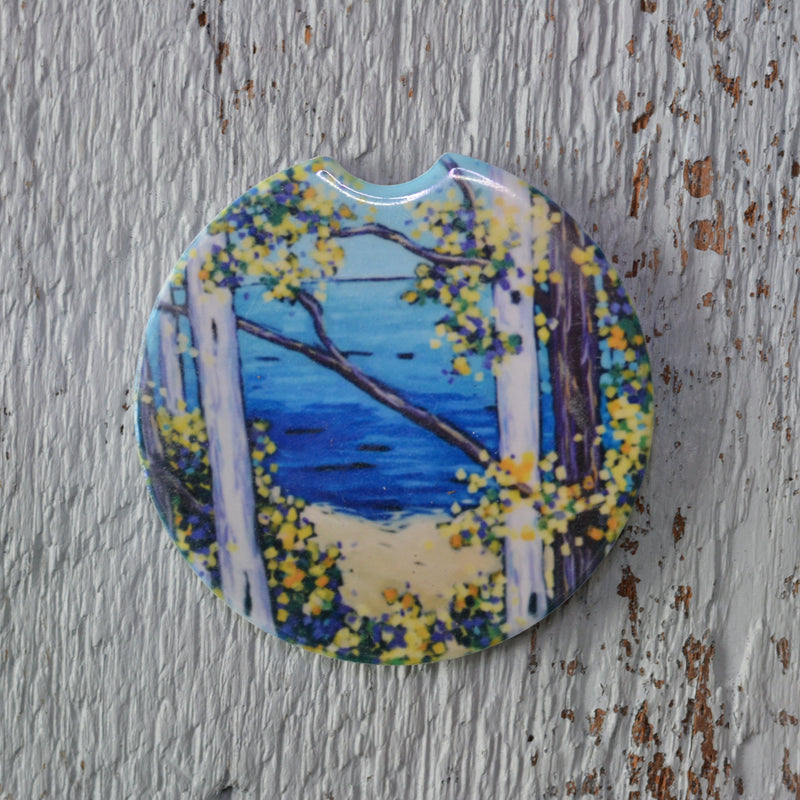 Car Coaster:  Overlooking the Bluff.  Birch Trees. Artist Christi Dreese