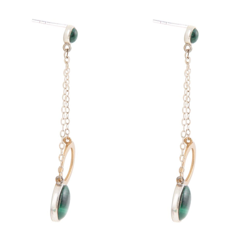 Circle Green Malachite and Two-Toned Metal Dangle Earrings