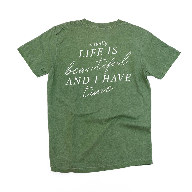 Flower Diamond (Pocket Front) w/ Actually Life is Beautiful and I Have Time (Back) - Comfort Colors Tee