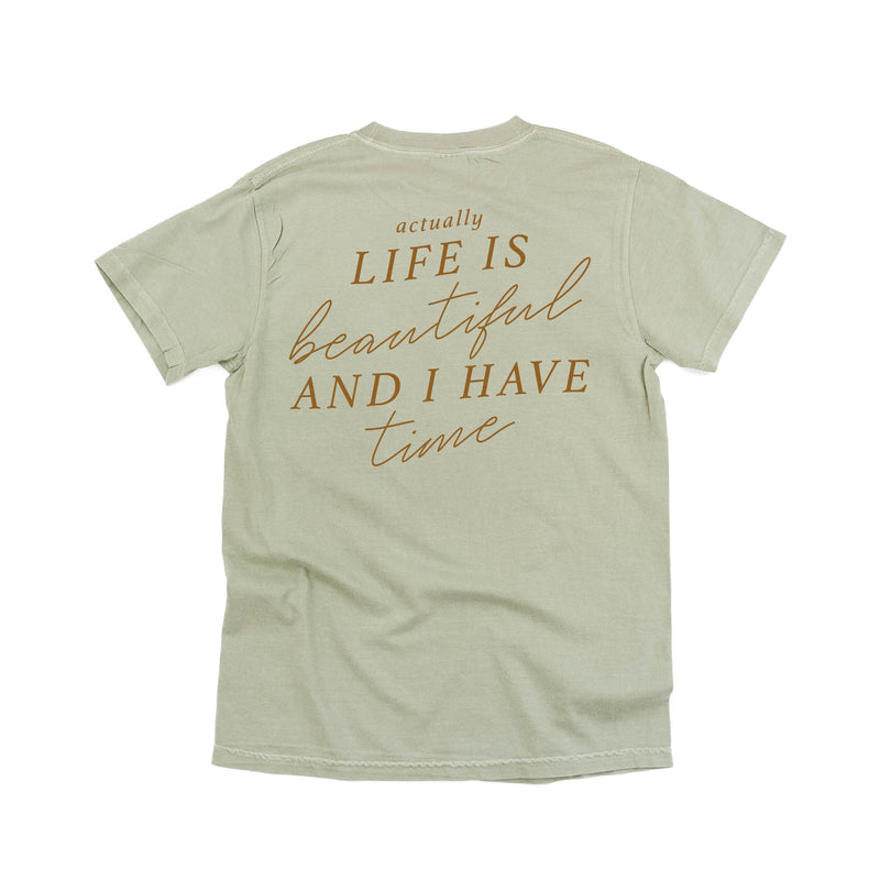 Flower Diamond (Pocket Front) w/ Actually Life is Beautiful and I Have Time (Back) - Comfort Colors Tee