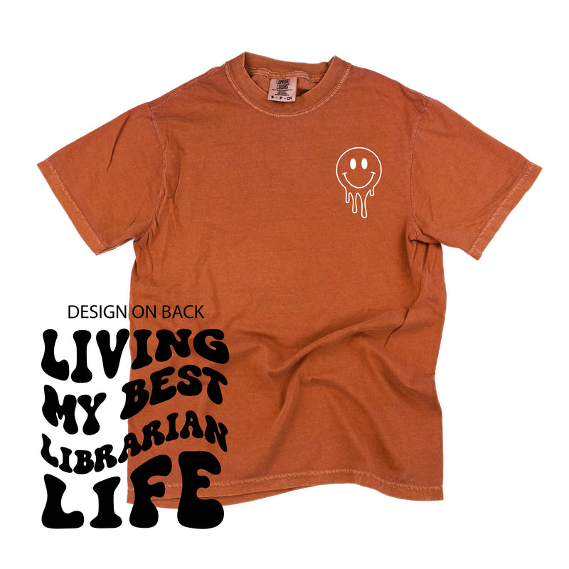 Living My Best Librarian Life - Melty Smiley (pf & b) - Comfort Colors Tee