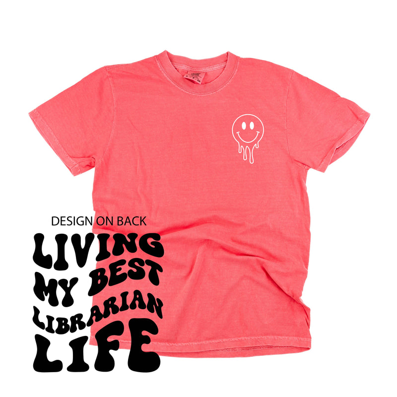 Living My Best Librarian Life - Melty Smiley (pf & b) - Comfort Colors Tee