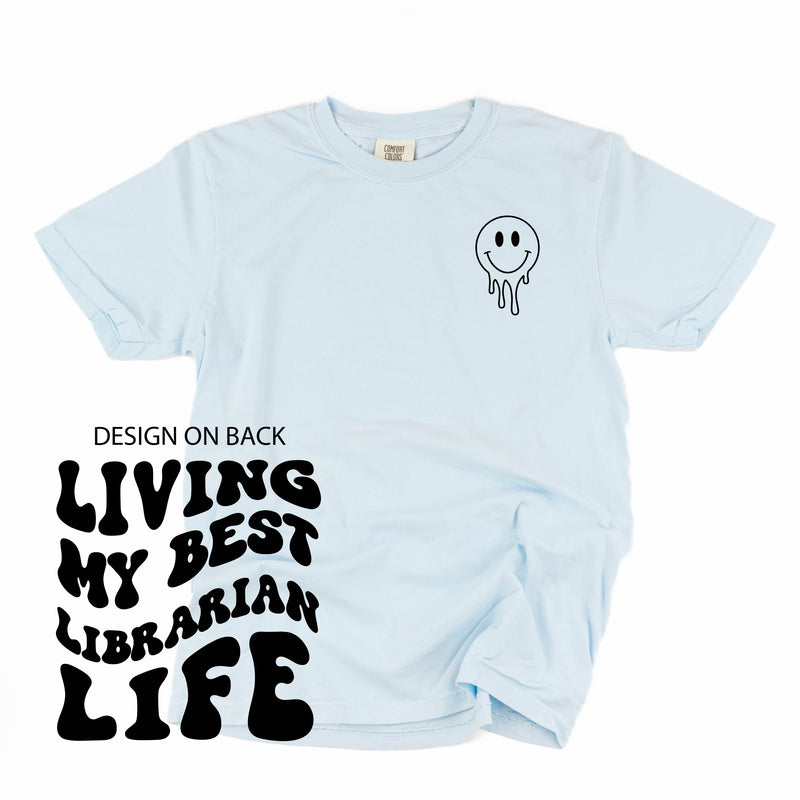Living My Best Librarian Life - Melty Smiley (pf & b) - Comfort Colors Tee