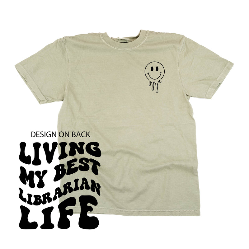 Living My Best Librarian Life - Melty Smiley (pf & b) - Comfort Colors Tee
