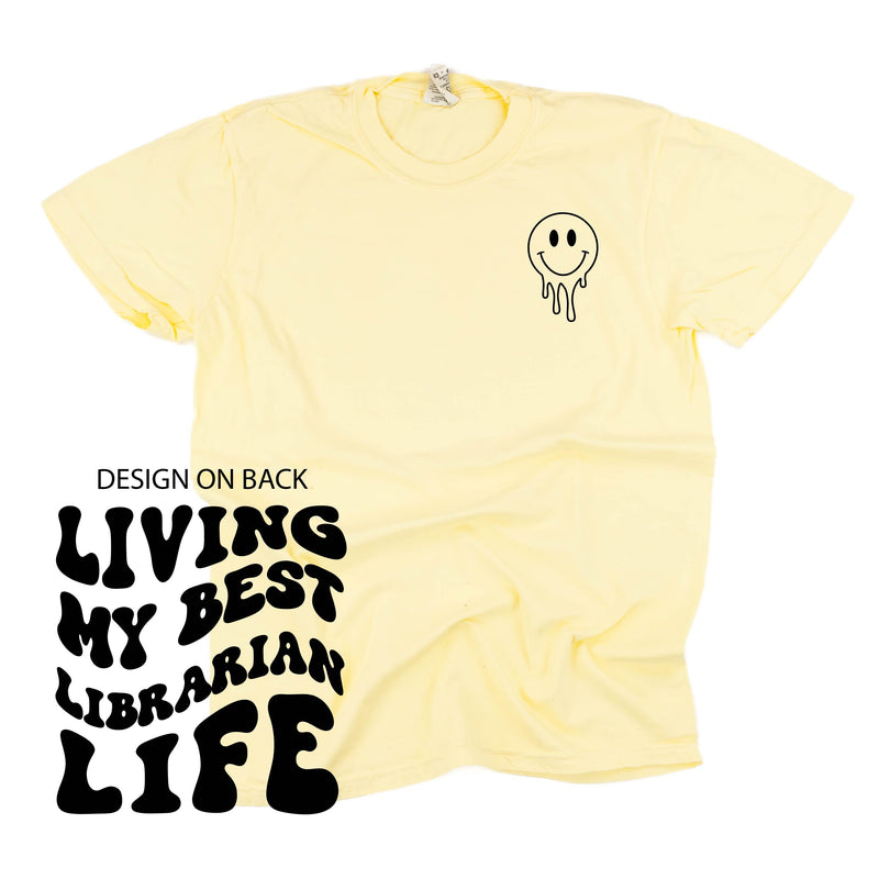 Living My Best Librarian Life - Melty Smiley (pf & b) - Comfort Colors Tee
