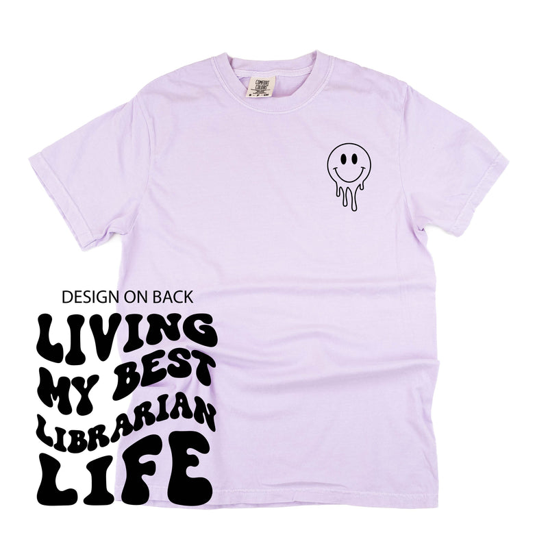 Living My Best Librarian Life - Melty Smiley (pf & b) - Comfort Colors Tee