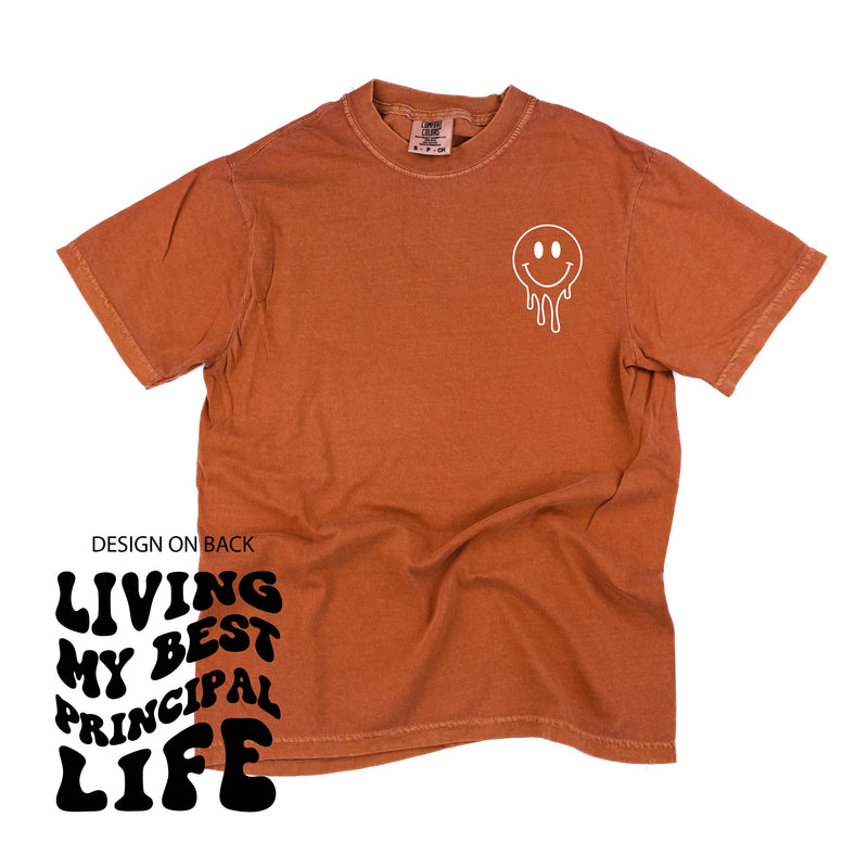 Living My Best Principal Life - Melty Smiley (pf & b) - Comfort Colors Tee