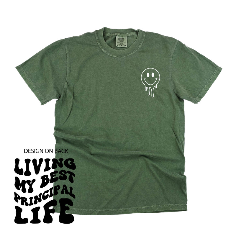 Living My Best Principal Life - Melty Smiley (pf & b) - Comfort Colors Tee
