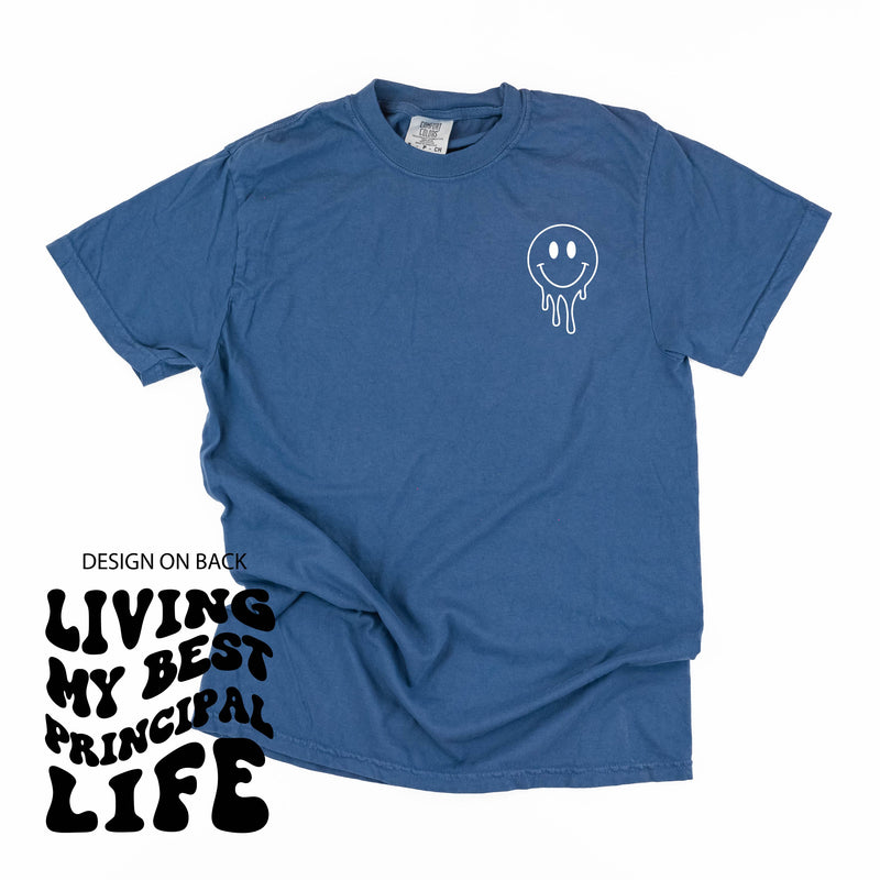 Living My Best Principal Life - Melty Smiley (pf & b) - Comfort Colors Tee