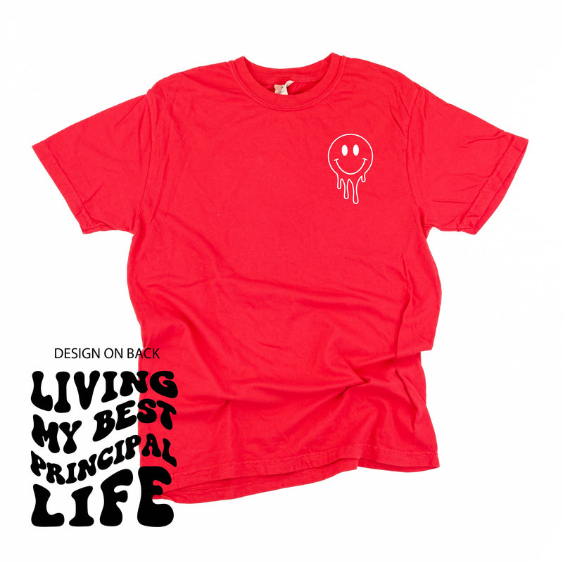 Living My Best Principal Life - Melty Smiley (pf & b) - Comfort Colors Tee