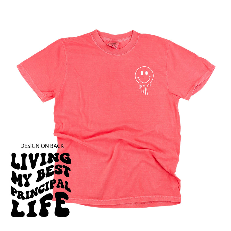 Living My Best Principal Life - Melty Smiley (pf & b) - Comfort Colors Tee
