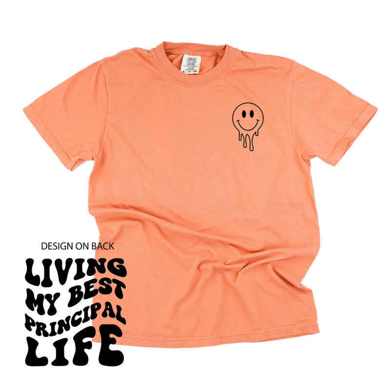 Living My Best Principal Life - Melty Smiley (pf & b) - Comfort Colors Tee