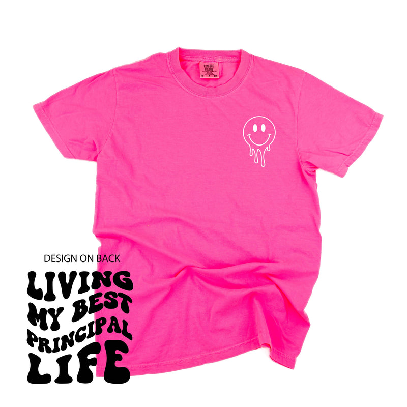 Living My Best Principal Life - Melty Smiley (pf & b) - Comfort Colors Tee