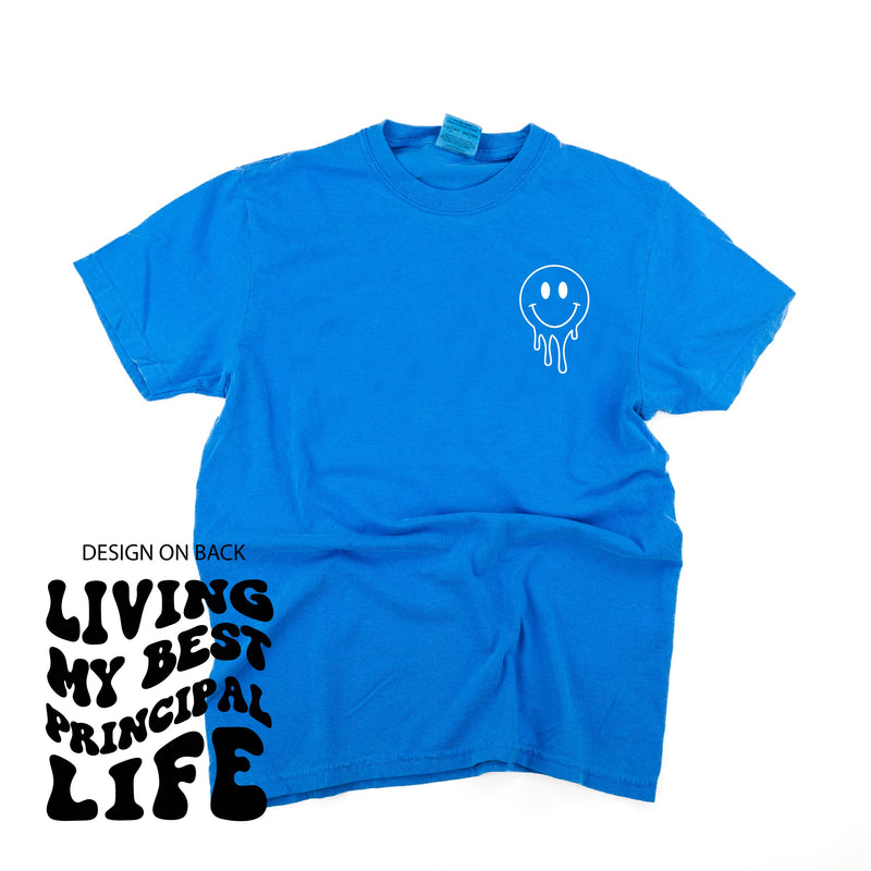 Living My Best Principal Life - Melty Smiley (pf & b) - Comfort Colors Tee